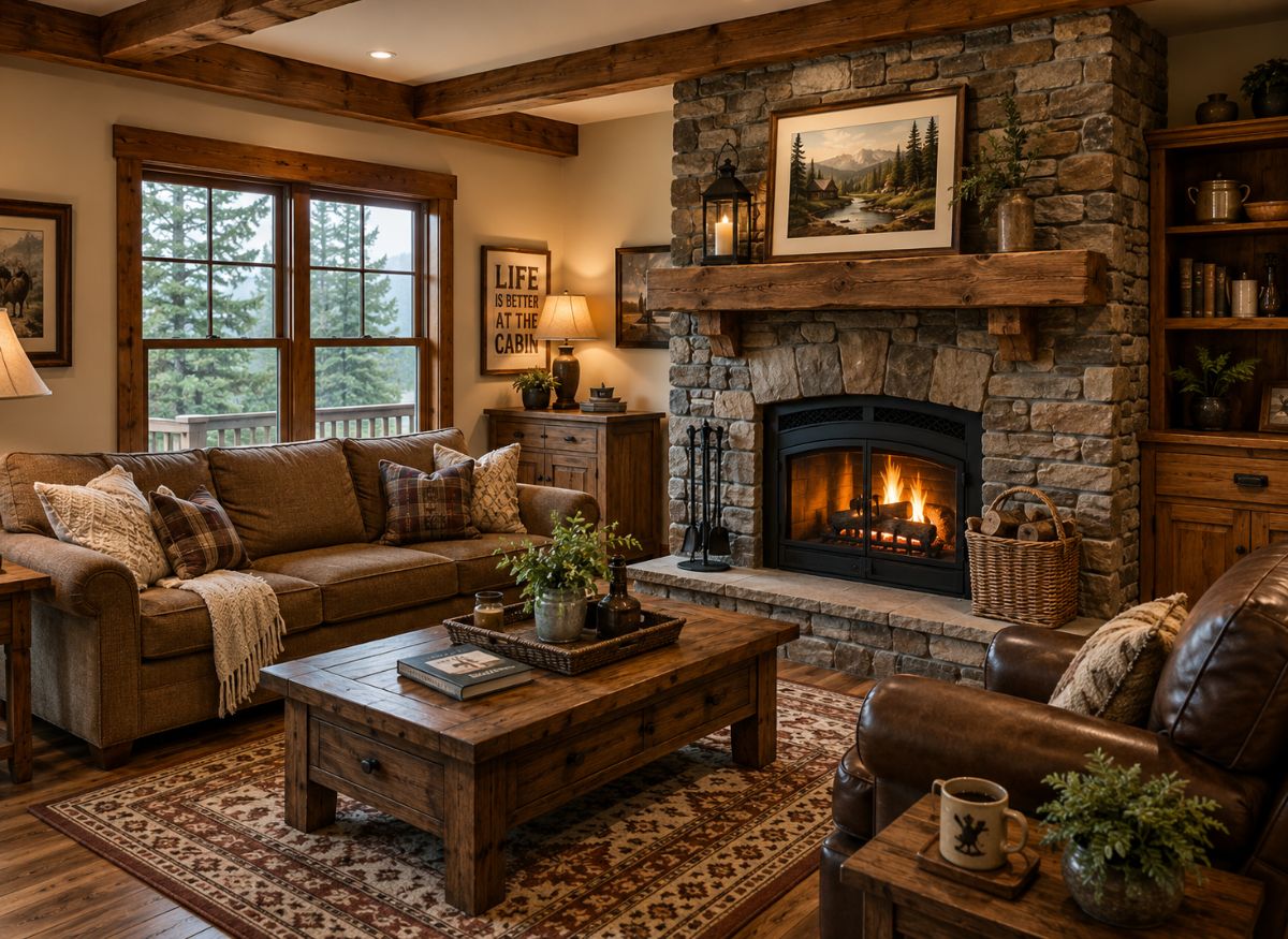 Rustic home decor living room with wooden furniture and a cozy stone fireplace