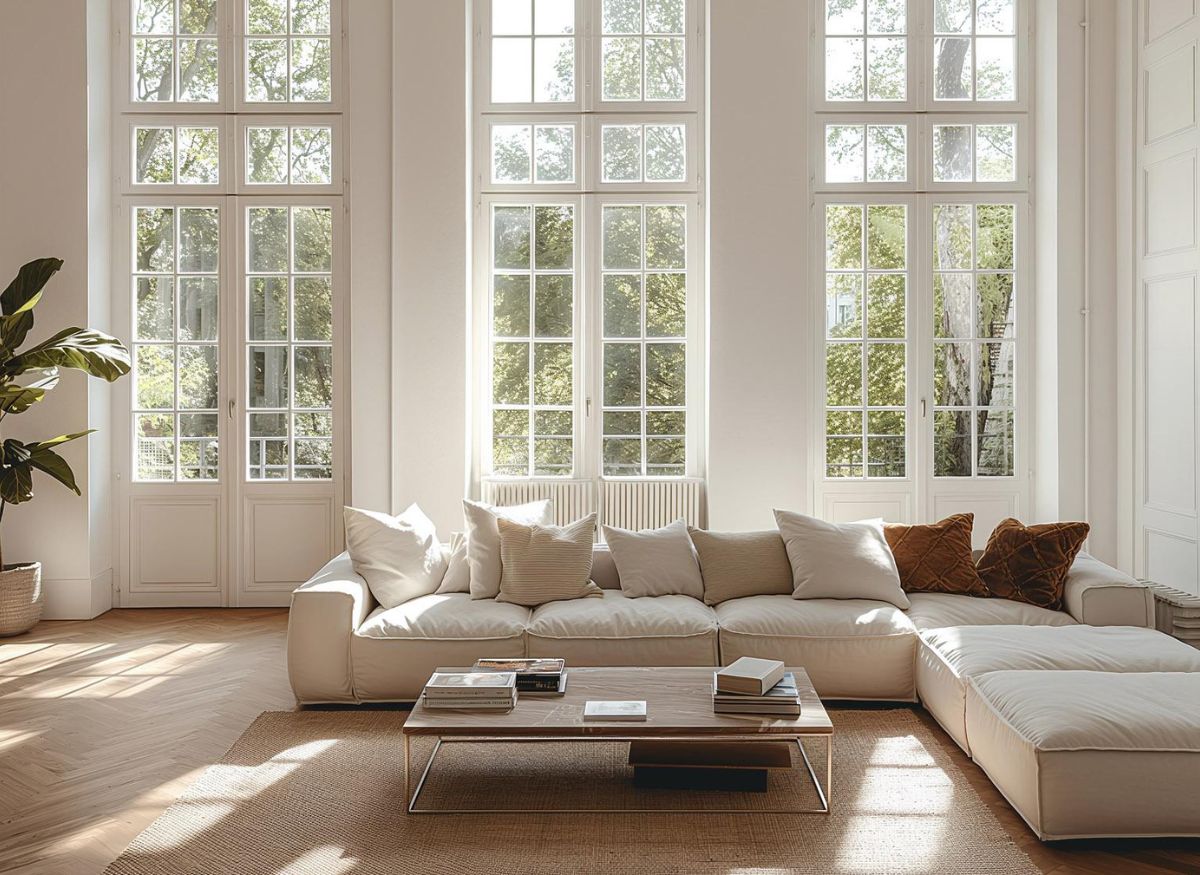 Modern home decor ideas featuring a beige sofa, wooden coffee table, indoor plants, and natural light