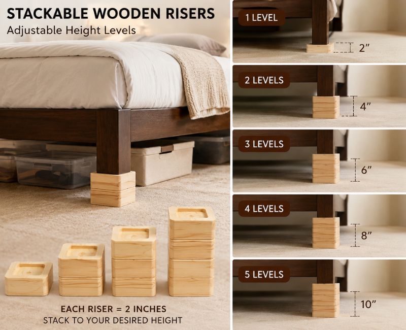 Stackable adjustable wooden DIY bed risers for customizable bed height