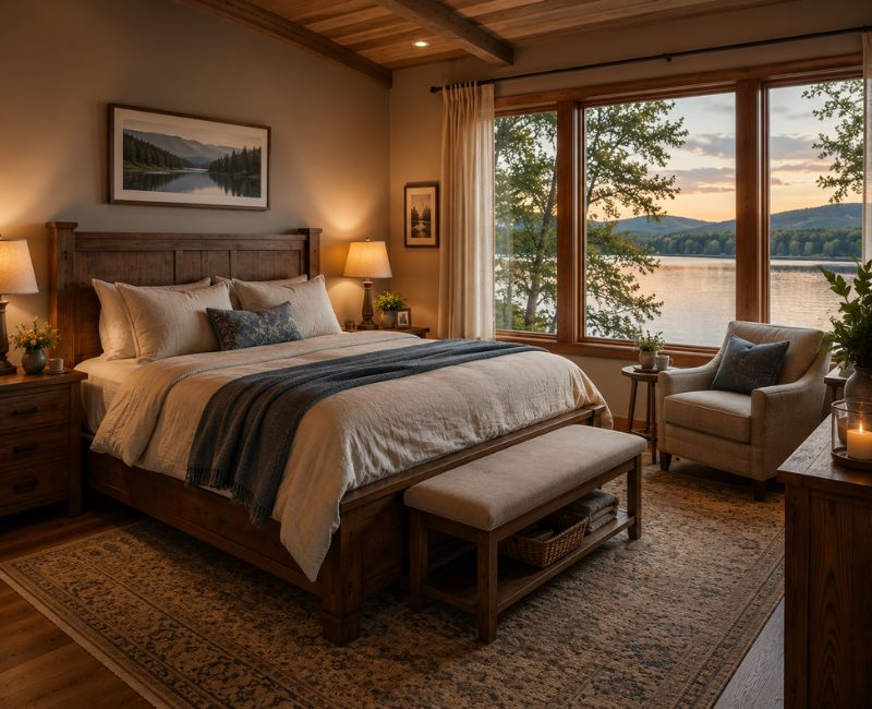 Lake home decor bedroom with wooden furniture and peaceful lake view