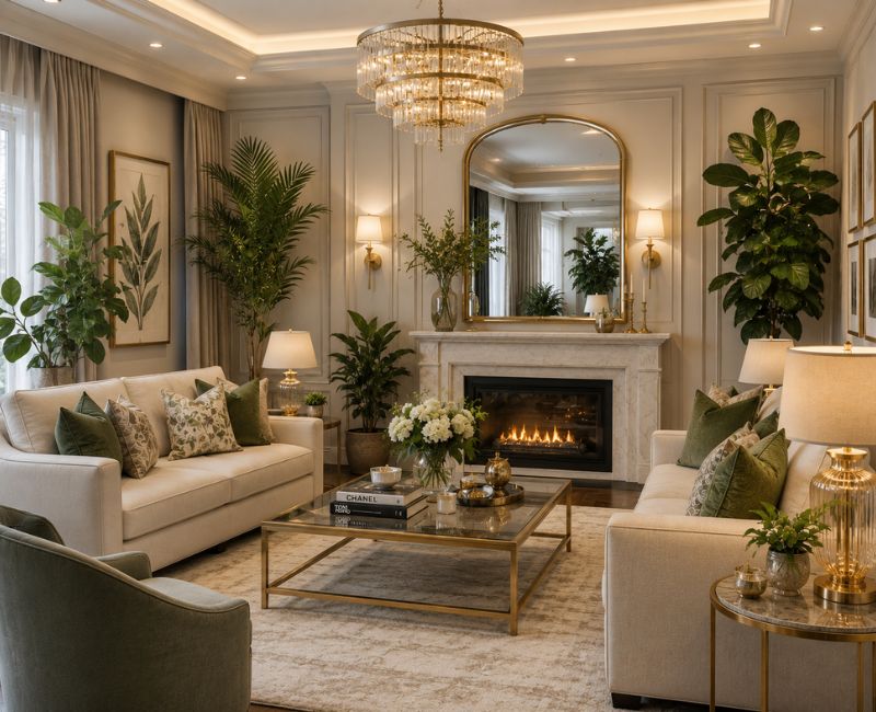 Elegant living room with indoor plants, mirror and luxury decor