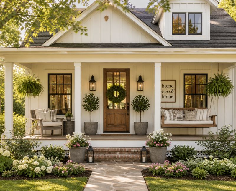 Beautiful farmhouse home exterior with welcoming front porch