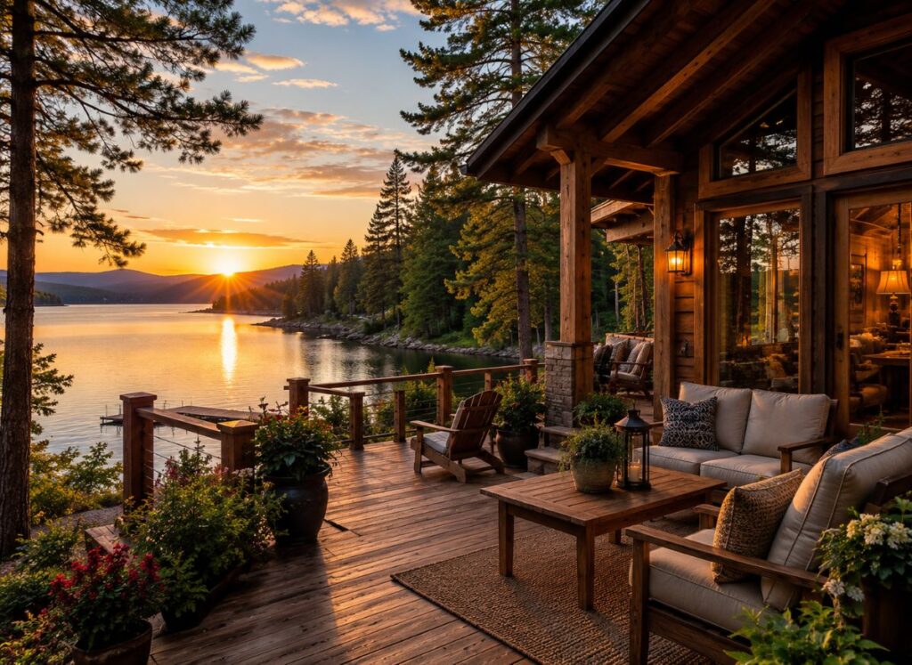 Lake home decor with peaceful lakeside house and natural wooden design