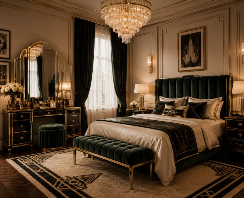 1920s bedroom decor featuring vintage vanity and elegant furniture