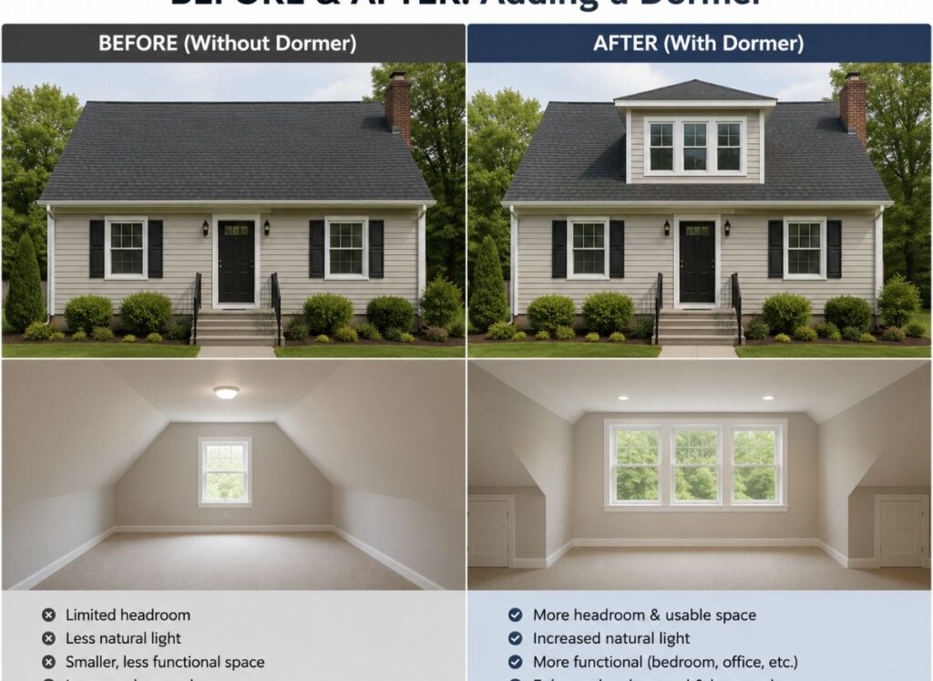 Home exterior before and after installing a decorative gable dormer