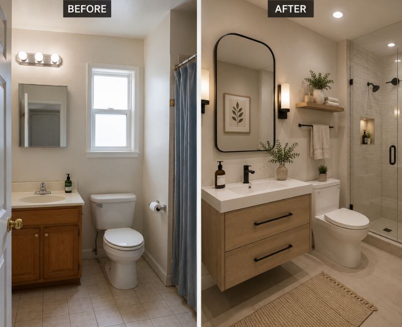Before and after small bathroom makeover showing improved space and organization

