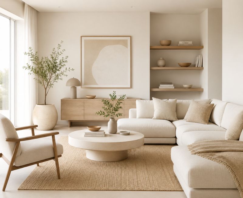 Neutral color minimalist living room design ideas