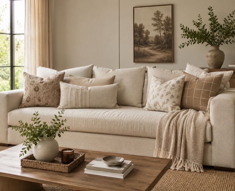 Neutral sofa styling ideas. the Art of Organizing Textures

