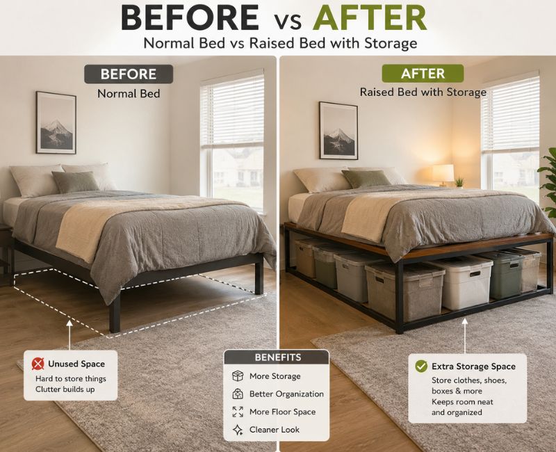 Comparison of a standard bed and a raised bed using DIY bed risers for extra storage