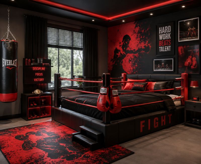 Black and red color scheme for boxing ring bedroom decor