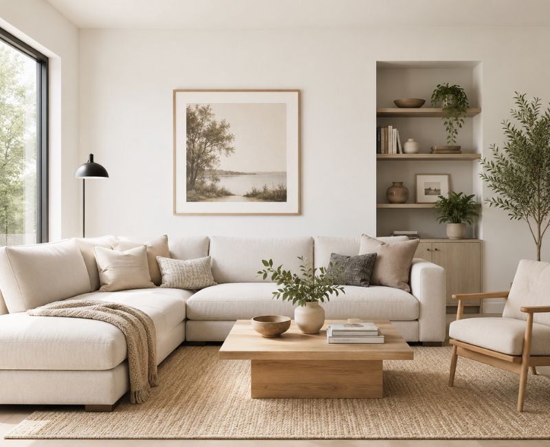 Minimalist living room with neutral colors and modern furniture