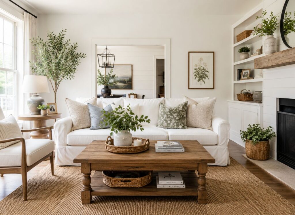 Bright modern farmhouse living room with white sofa