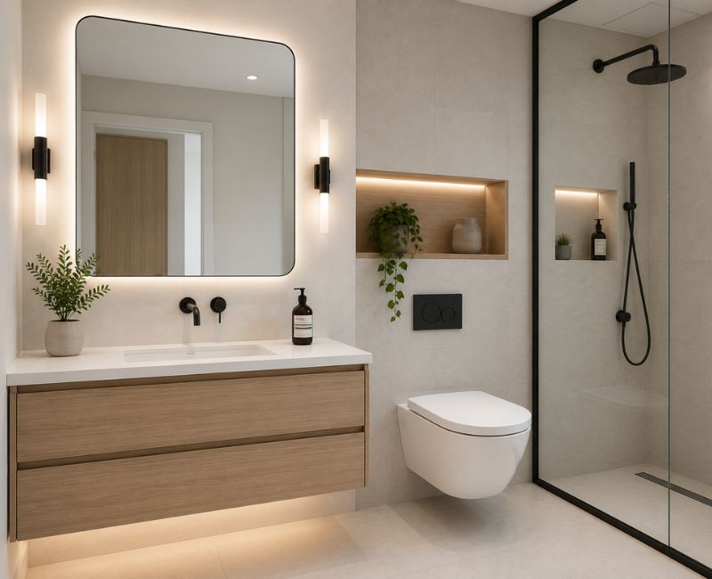Decluttered bathroom countertop creating a clean and spacious look

