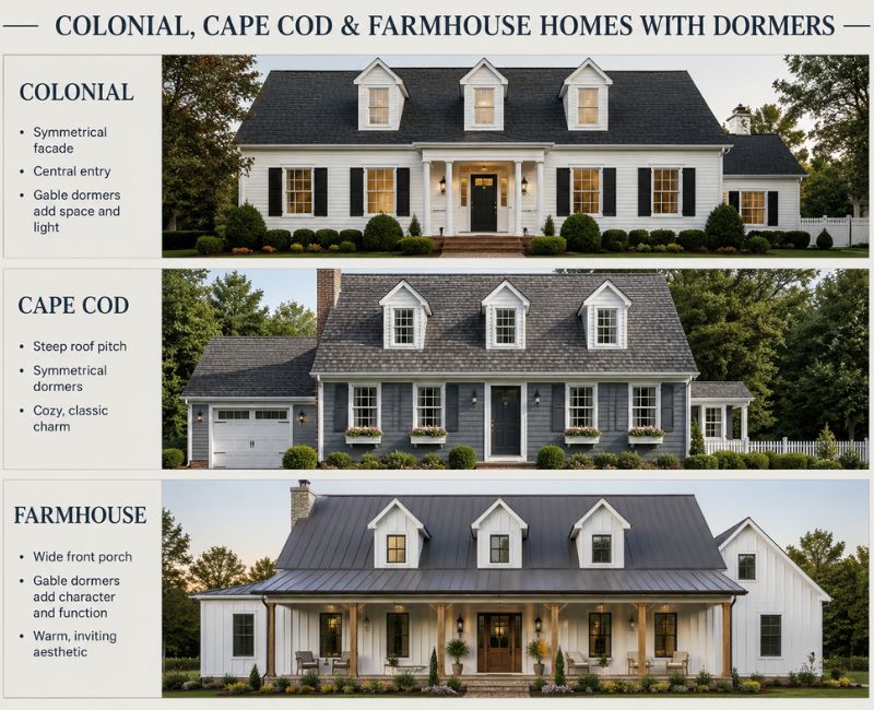 Colonial and farmhouse homes featuring classic gable dormer additions