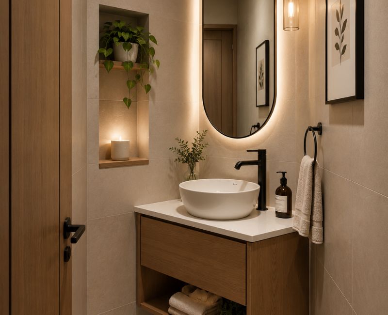 Space-saving bathroom fixtures for a compact bathroom layout