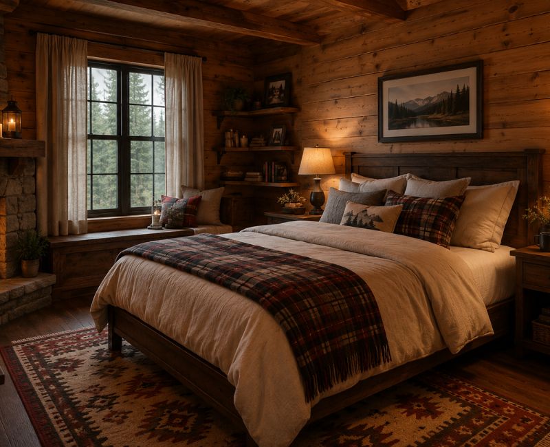 Cabin Rustic home decor bedroom with wooden walls and warm lighting