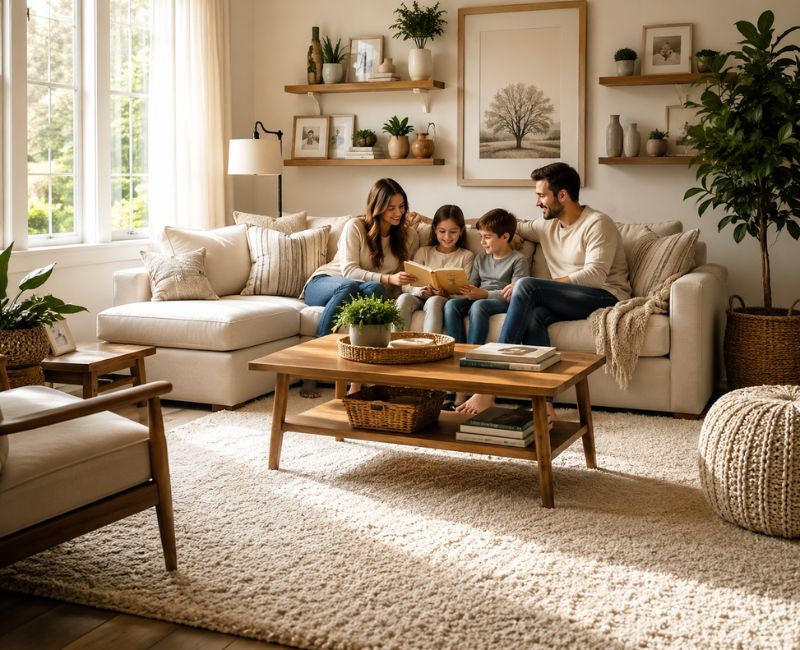 Cozy living room featuring one of the best living room rug ideas

