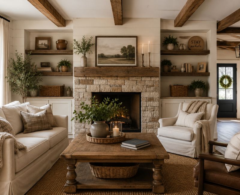 Cozy farmhouse home decor with rustic wooden beams and neutral colors