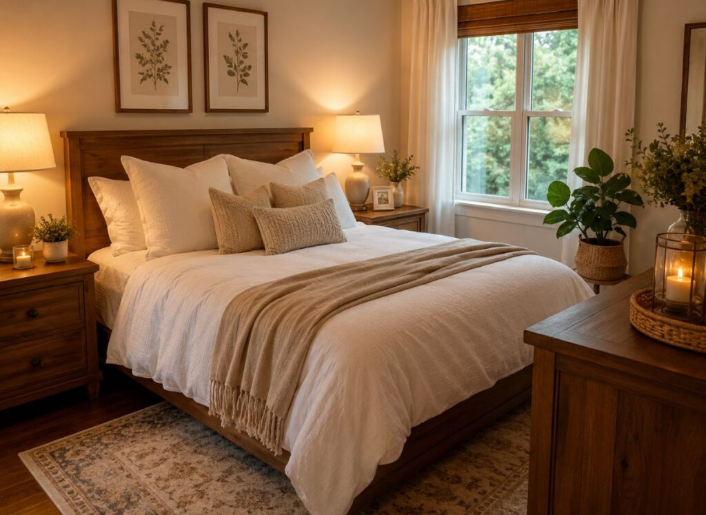 Cozy guest bedroom with white bedding and warm lighting