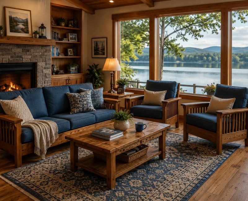 Cozy lake home decor living room with wooden furniture and lake view