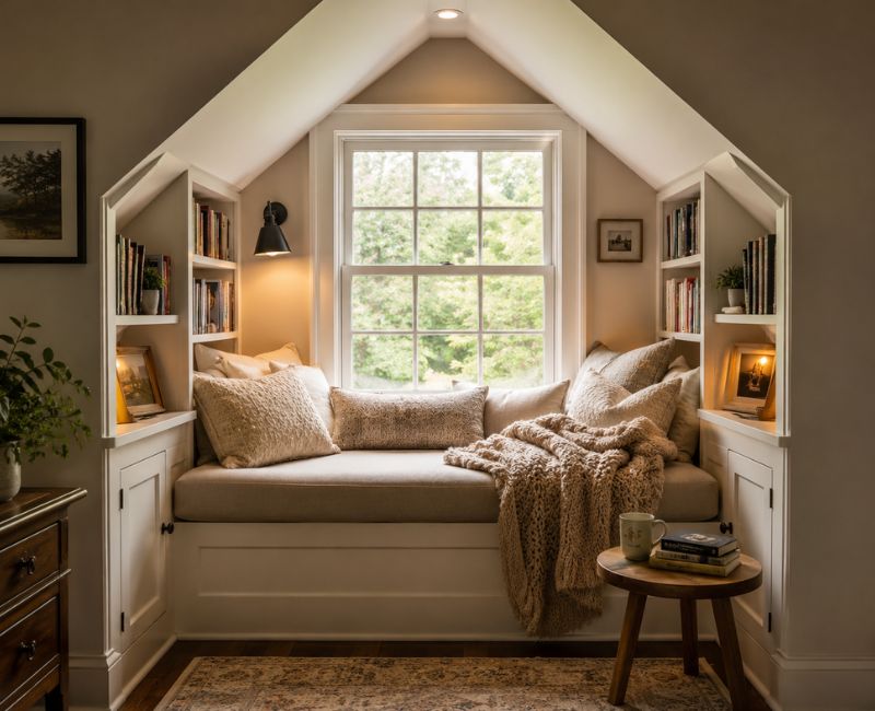 Cozy reading corner designed inside a gable dormer space