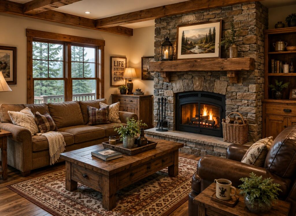 Rustic home decor living room with wooden furniture and a cozy stone fireplace