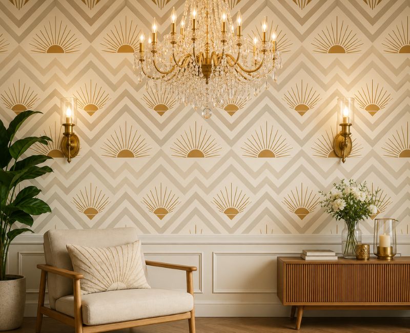 Crystal chandelier and brass lighting in 1920s Home Decor