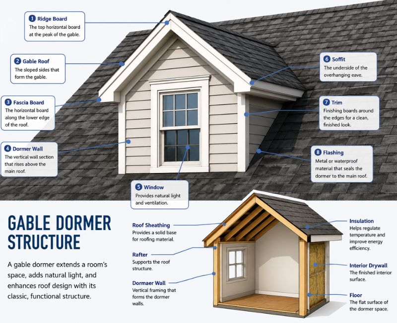 Modern house exterior featuring a large roof extension as shown in this Gable Dormer Guide.