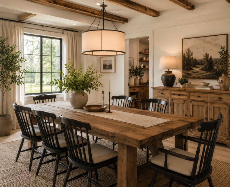 Elegant dining room with solid wood table and premium lighting