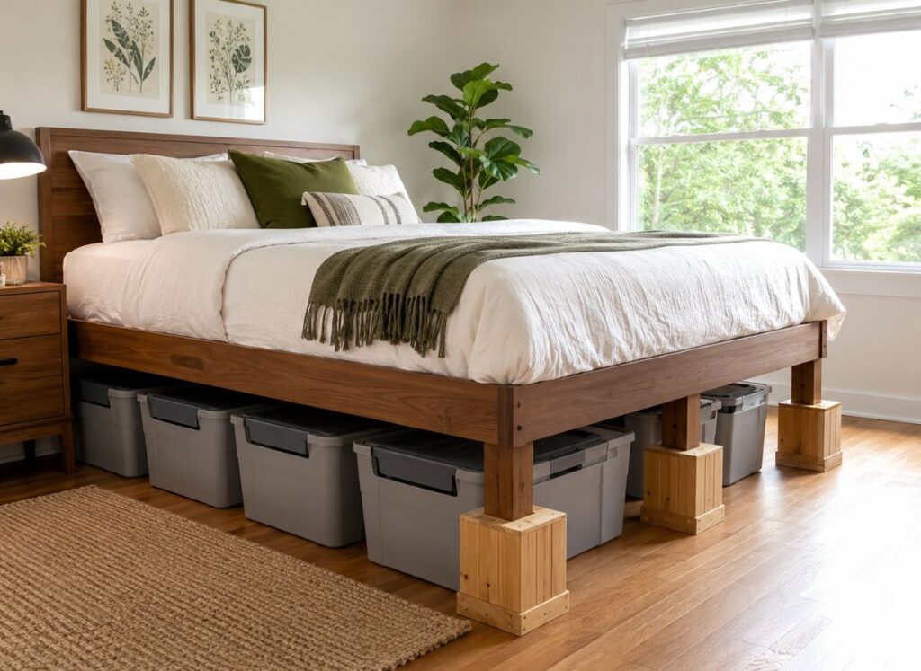 DIY wooden bed risers creating extra storage space