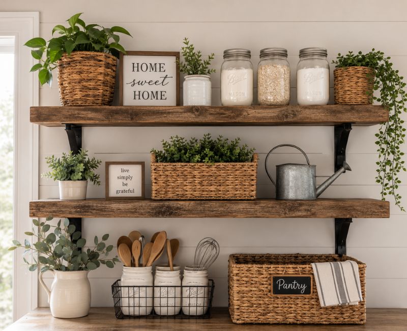 Affordable DIY farmhouse home decor ideas with wooden shelves