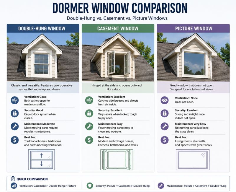 Popular window options for gable dormers including double-hung and casement styles