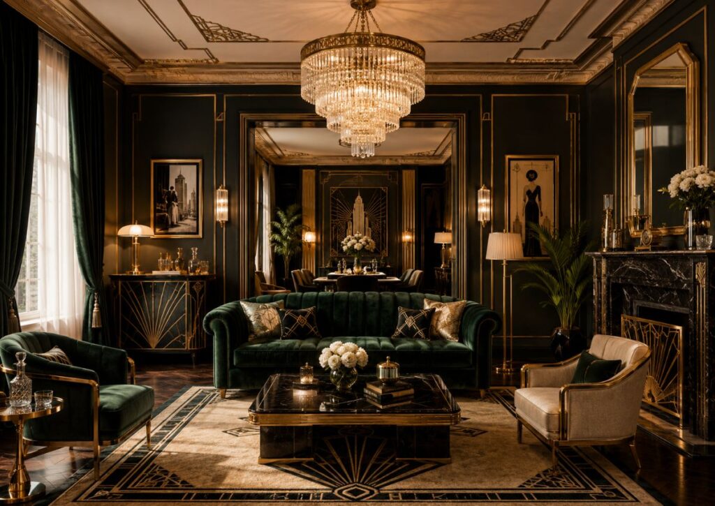 1920s Art Deco living room with chandelier and gold accents