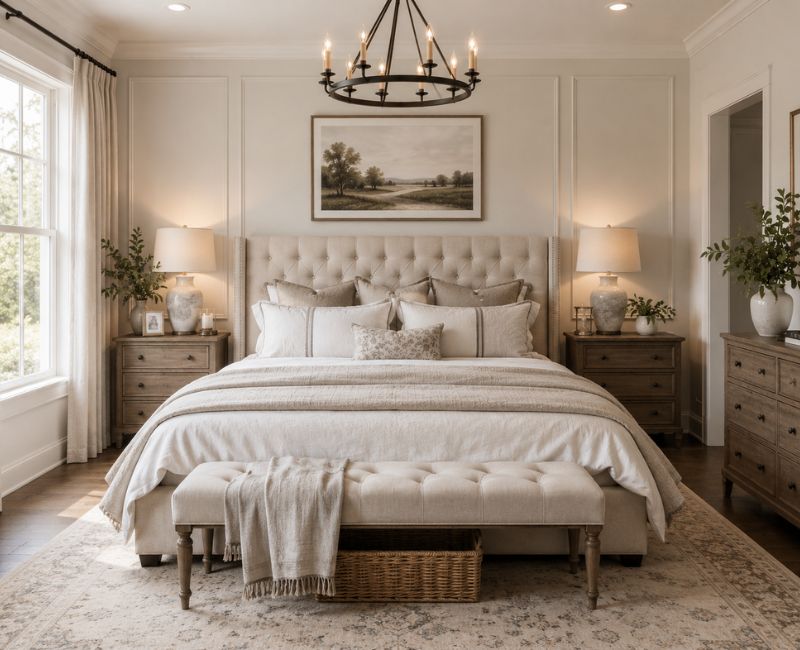 Premium bedroom design with upholstered headboard and luxury bedding