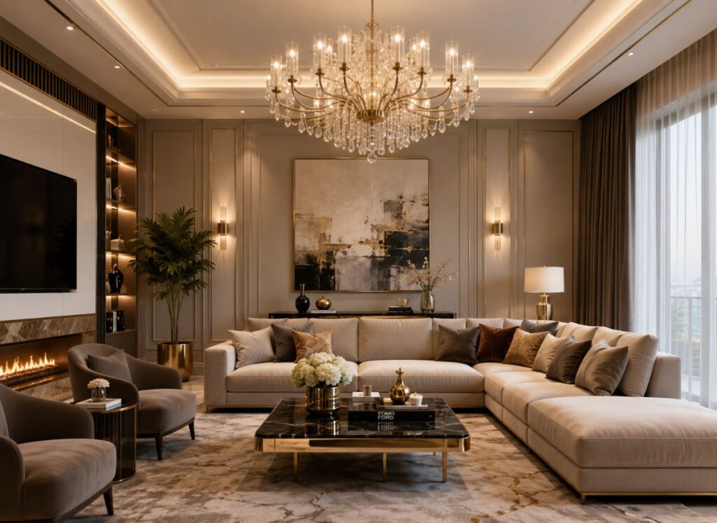 Luxurious modern living room with elegant sofa and chandelier lighting