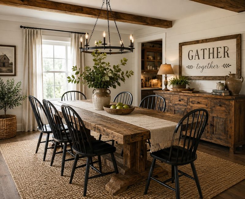 Farmhouse Rustic home decor with a reclaimed wood dining table and vintage style