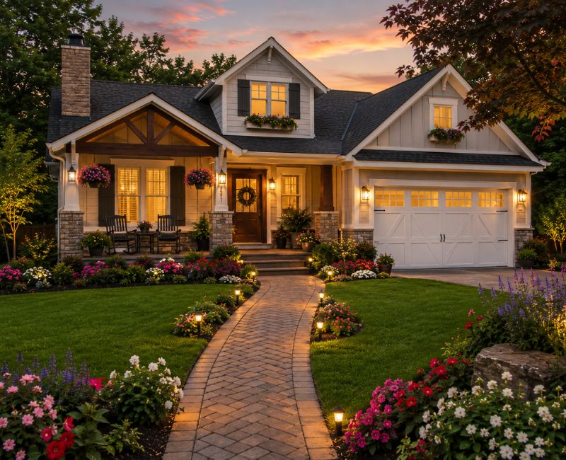 Landscaped home after exterior remodeling

