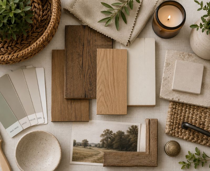 Farmhouse home decor materials including wood samples and linen fabric
