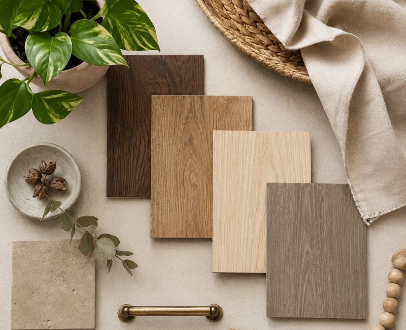 Natural materials used in lake home decor including wood linen and wicker