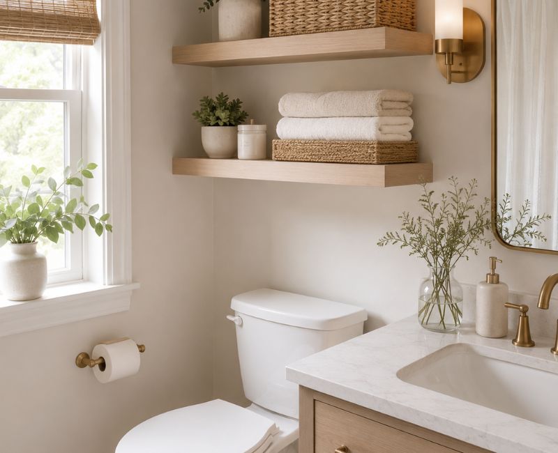 Vertical bathroom storage shelves keeping a small bathroom organized

