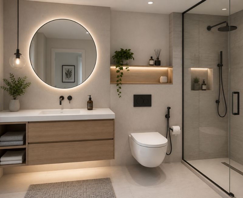 Floating bathroom vanity and wall-mounted toilet maximizing floor space

