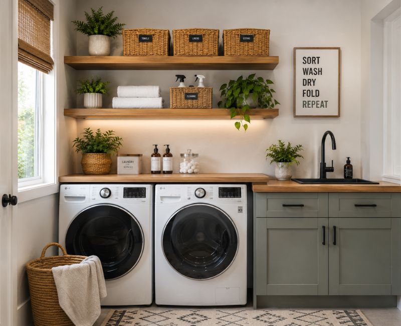 Floating shelves in a small utility room
20 Clever Utility Room Ideas