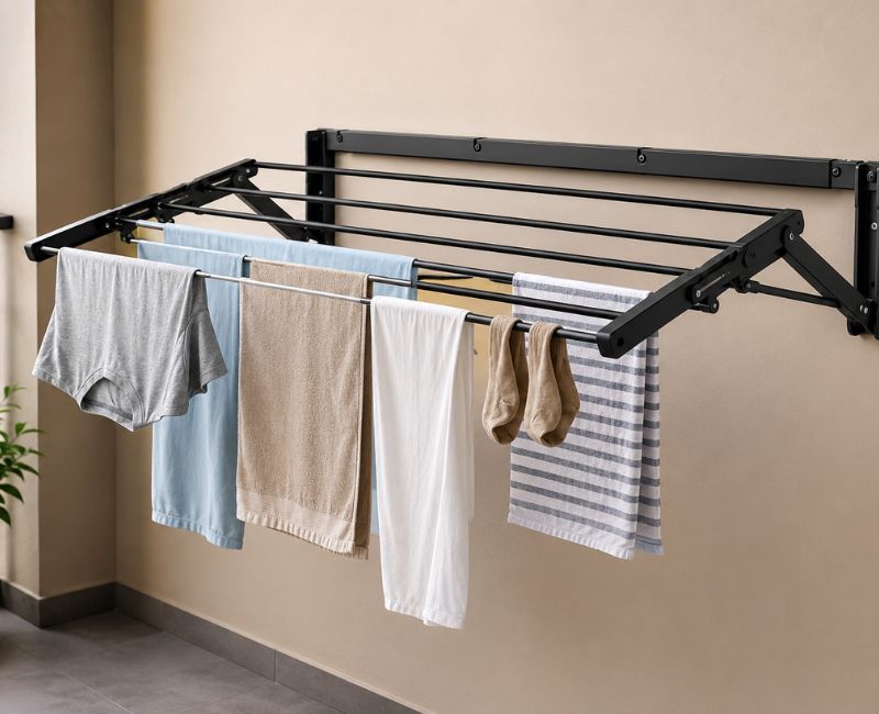 Wall mounted drying rack in utility room