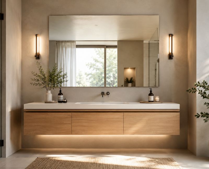 Large frameless mirror creating the illusion of more space in a small bathroom. how to Make a Small Bathroom.


