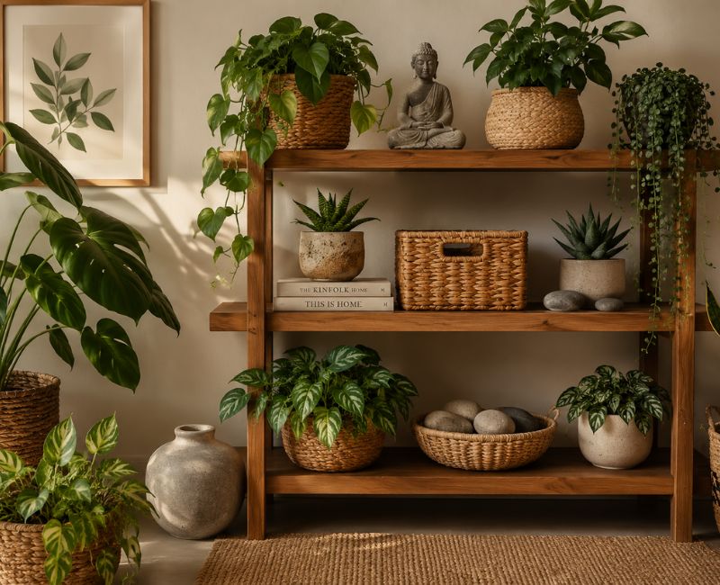 Lake home decor using indoor plants natural wood and woven baskets
