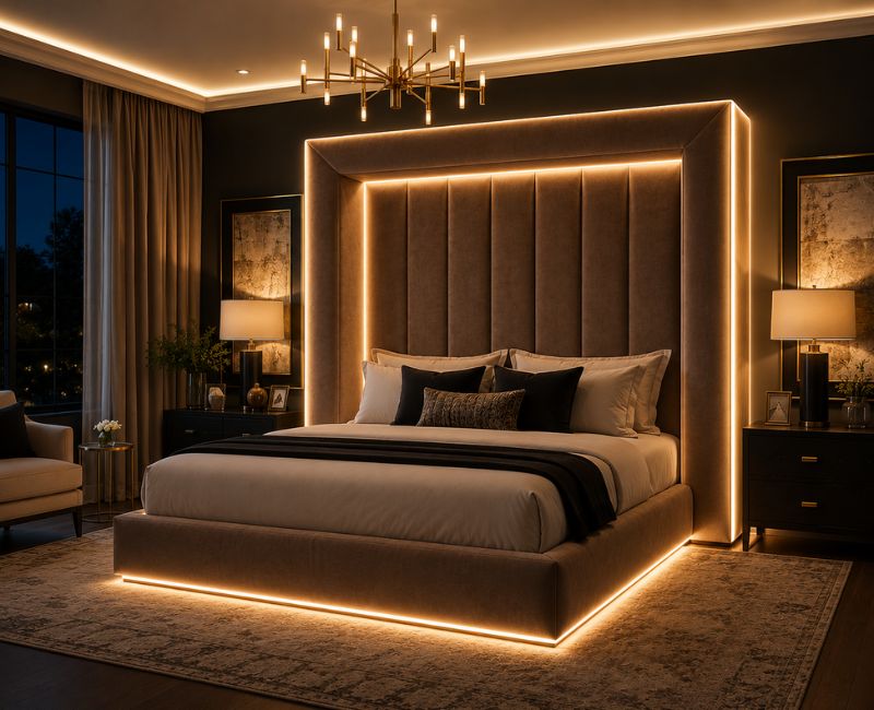 LED lighting installed around a boxing ring bed
