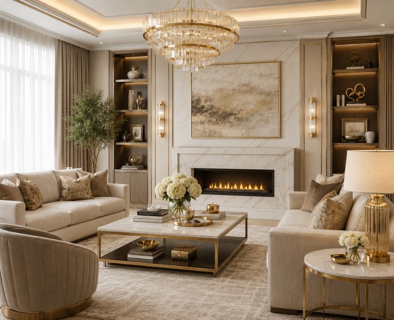 Neutral tone luxury living room with gold accents and modern deco