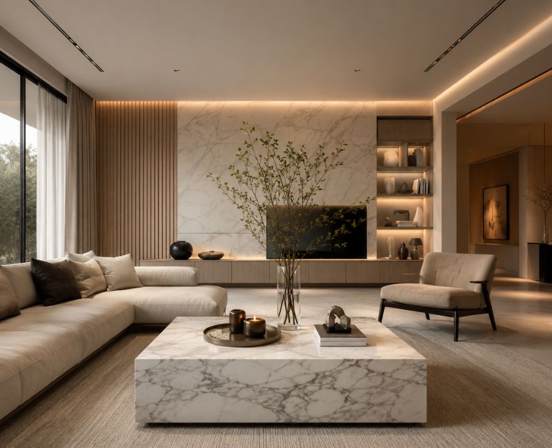 Luxury minimalist living room with marble and oak furniture