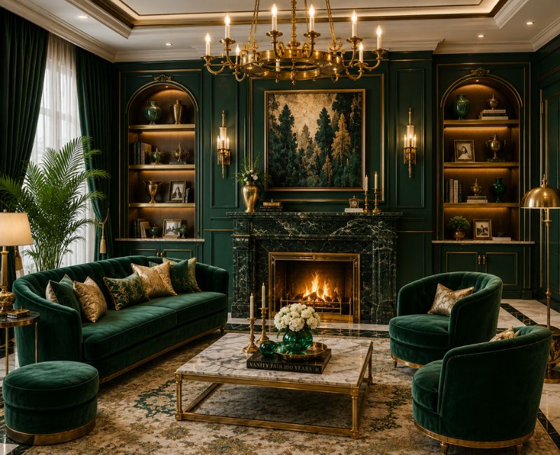 Luxury 1920s interior with marble fireplace and brass details