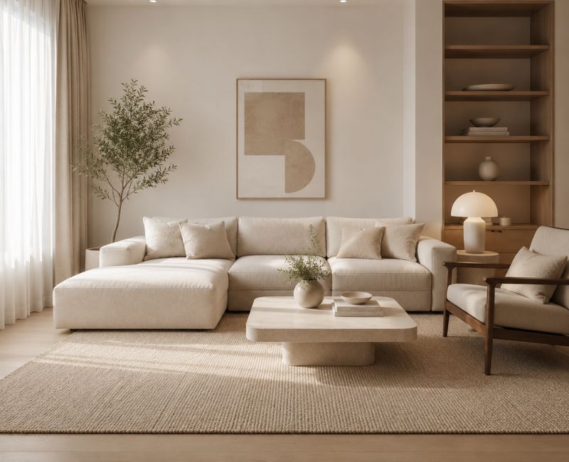 Minimalist living room featuring a neutral area rug

